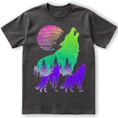 Wolves Howling Moon Forest Silhouette Neon Synthwave Retro Graphic Tee