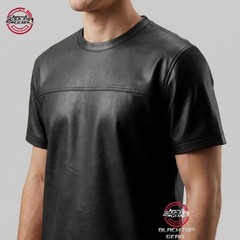 Men’s Genuine Lambskin Leather T-Shirt Black White Classic Leather Tee All sizes