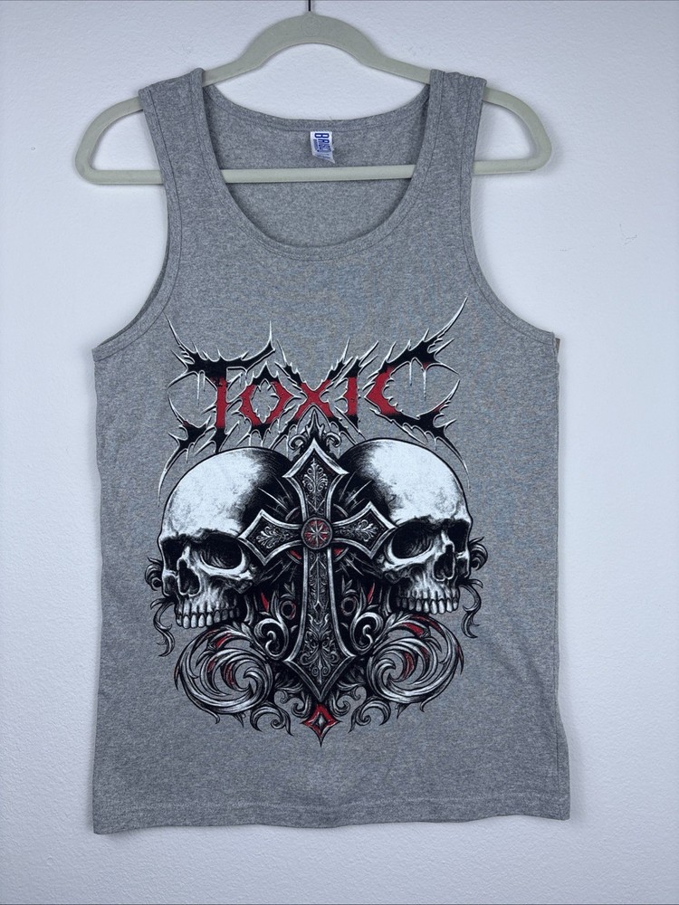 Brisco Brands Toxic Skulls Cross Graphic Tank Top Mens Size S Gray