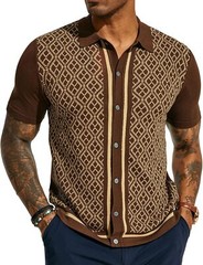 Men’s Vintage Knitted Polo Shirt 70s Style Contrast Color Short Sleeve Casual