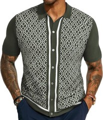 Men’s Vintage Knitted Polo Shirt 70s Style Contrast Color Short Sleeve Casual