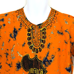 Vtg African Dashiki Shirt XL Orange Tie Dye Embroidered Africa Map Hippie Tunic