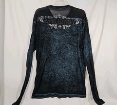 Affliction LS Top Large L Blue Sheer Shirt Silver Foil Black Velvet Graphics Y2K