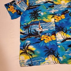 Dominican Caribbean Tropical Button Palm Tree Island Floral Shirt Yellow & Blue