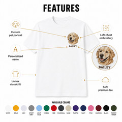 Custom Embroidered Pet Portrait T-Shirt Golden Retriever Personalized Name White
