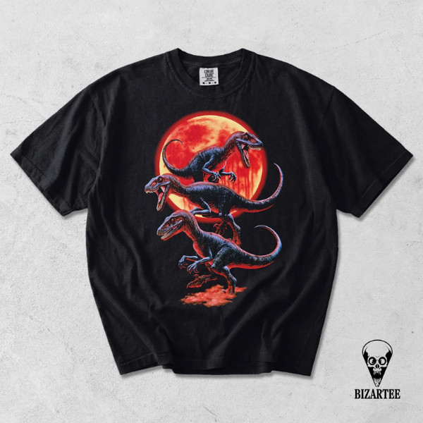 Vintage Raptors Dinosaur Blood Moon Graphic Tee, Jurassic Y2k Grunge Shirt, Birt