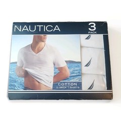 3-Pack NAUTICA Men’s White V-Neck Cotton T-Shirts w/Logo Small (34-36) NEW