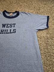 Vintage Collegiate Pacific Shirt Large Blue Ringer Short Sleeve West Hills 70s