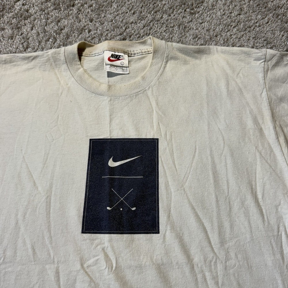 90s Vintage Nike Golf Swoosh Tee Large White Cream Tiger Woods Made USA Cotton