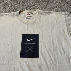 90s Vintage Nike Golf Swoosh Tee Large White Cream Tiger Woods Made USA Cotton