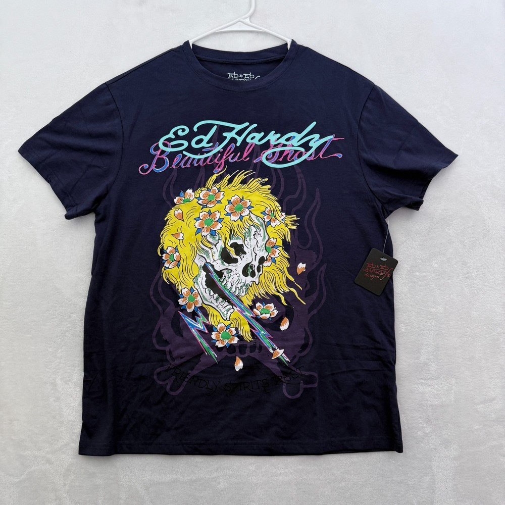 Ed Hardy T Shirt Mens M Blue Skull Beautiful Ghost Tattoo Y2K