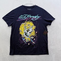 Ed Hardy T Shirt Mens M Blue Skull Beautiful Ghost Tattoo Y2K