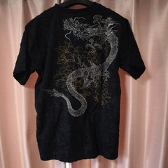 Karakuri Tamashii Dragon Embroidery T-Shirt Black Japanese Style Floral Pattern