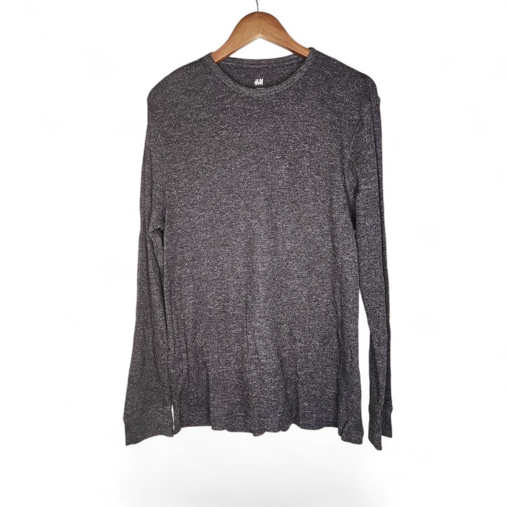 H&M Waffled Long Sleeve Top In Black Marl Size L
