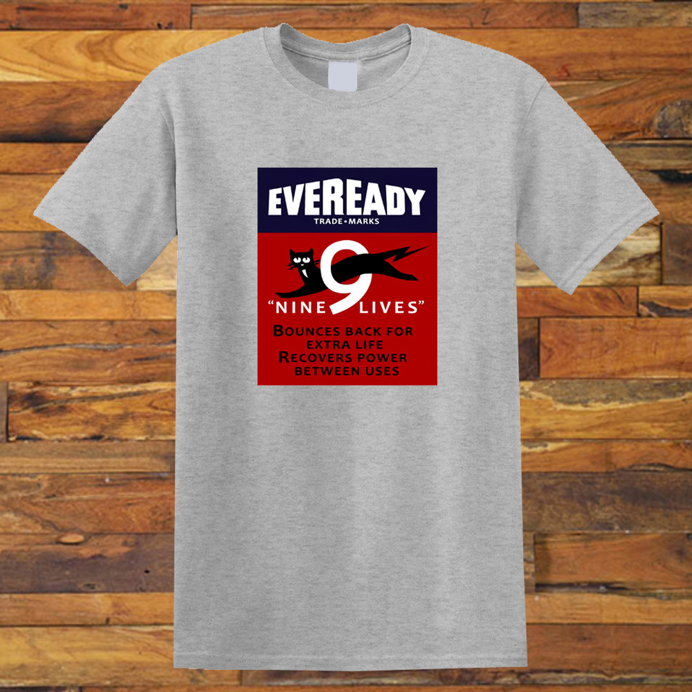 Eveready Retro Battery Black Cat Nine Lives Men’s Grey T-Shirt S-5XL