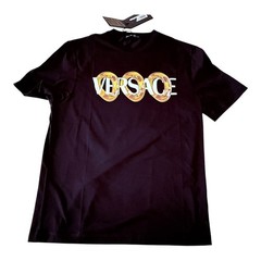 Versace 1013302 Maxi Chain Black Cotton Men’s logo-print T-shirt, Size Small