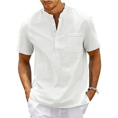 Cotton Linen Shirt Men Henley Neck Pocket Casual Beach Short Sleeve Solid Color