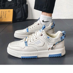 Cucu Fashion White/Blue/Beige Geometric Low Top Lace-Up Athletic Sneakers Men