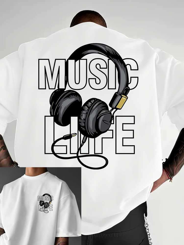 Men’s Trendy Headphone Graphic T-Shirt – “MUSIC” Letter Print, Music Lovers
