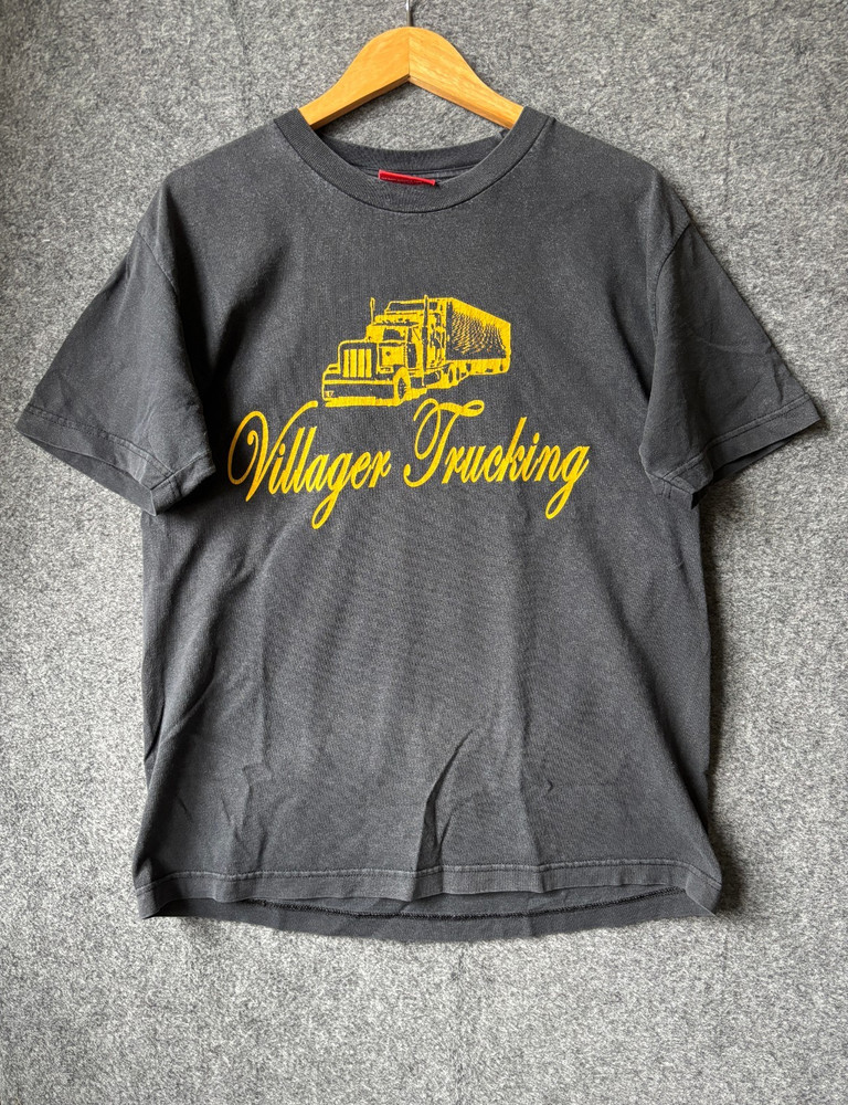 Villager Clothing Trucking Mens Medium T-Shirt Top Graphic Print Logo Black Grey