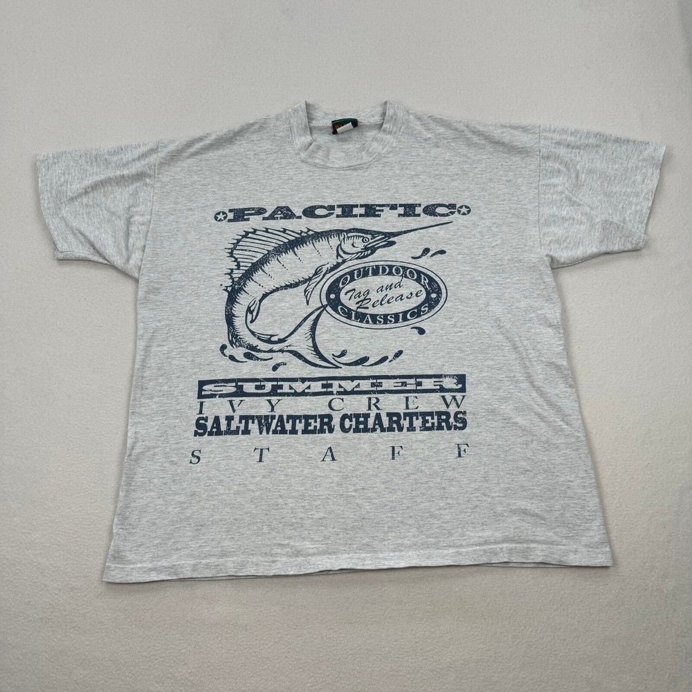 Vintage Ivy Crew Shirt Size Large Grey Single Stitch Fishing Tag And Release 90s