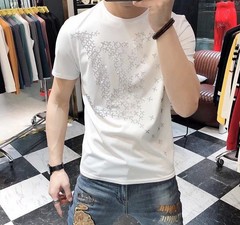 Fashion Men Hot Drill Planes Printed Rhinestones Luxury Slim Black White T-Shirt