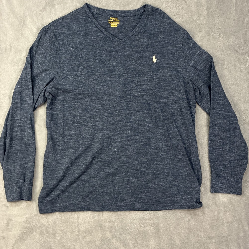 Polo Ralph Lauren Shirt Mens XL Blue V-Neck Long Sleeve Pony Cotton Tee