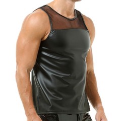 Mens Stretchy Faux Leather Tank Tops Vest Muscle Undershirts Sleeveless Clubwear