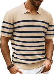 Mens V-Neck Polo Shirt Knit Textured Breathable Summer Casual Top