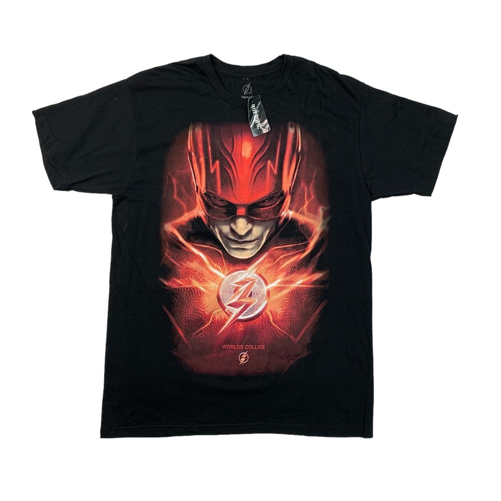 DC Comics T Shirt Mens Large Black Cotton The Flash Worlds Collide Movie Poster