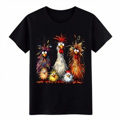Funny Crazy Fluffy Chicken Family Cartoon Graphic Black Farm Casual T Shirt