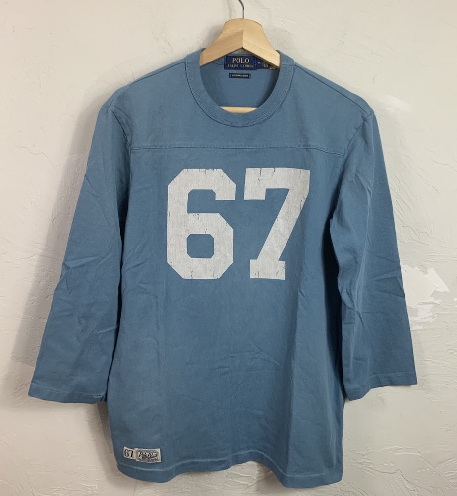 Polo Ralph Lauren Shirt Mens M Blue 67 Spellout Custom Slim Fit Football