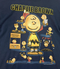 Vintage Peanuts Charlie Brown Shirt Large Navy 50th Celebration Collage Y2K