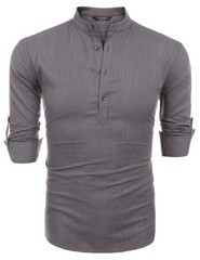 Men’s Cotton Hemp Long Sleeve Casual Beach Henley Shirt(GREY,L)