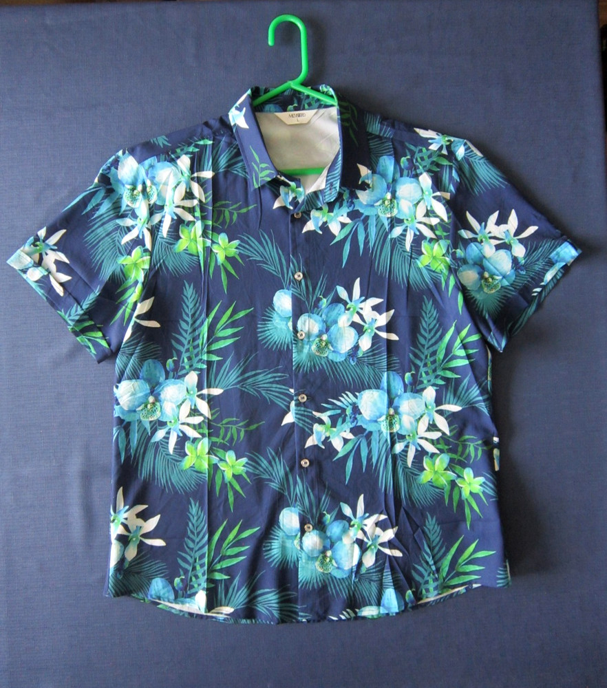 Hawaiian Shirt Mens Size L Blue & White Green Flowers NEW / UNUSED