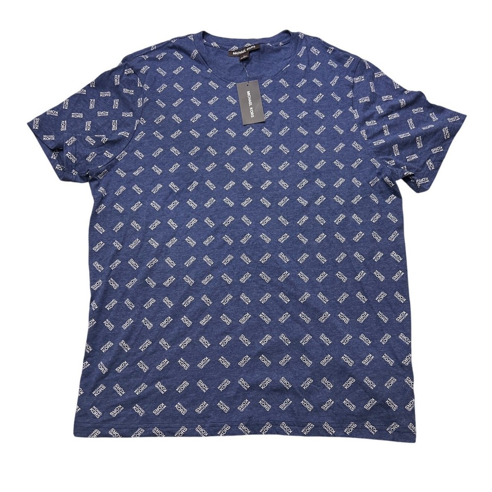 Michael Kors Men’s Allover Print Indigo Blue White Shirt Tee Size Large L New