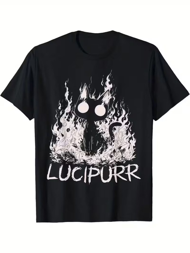 Men’S Lucipurr Gothic Pun T-Shirt – Funny Black Cat in Flames Graphic Tee, 100%