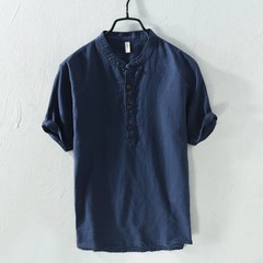 Men’s Linen Short Sleeve T-Shirt Pure Color Breathable Casual Shirt Lightweight