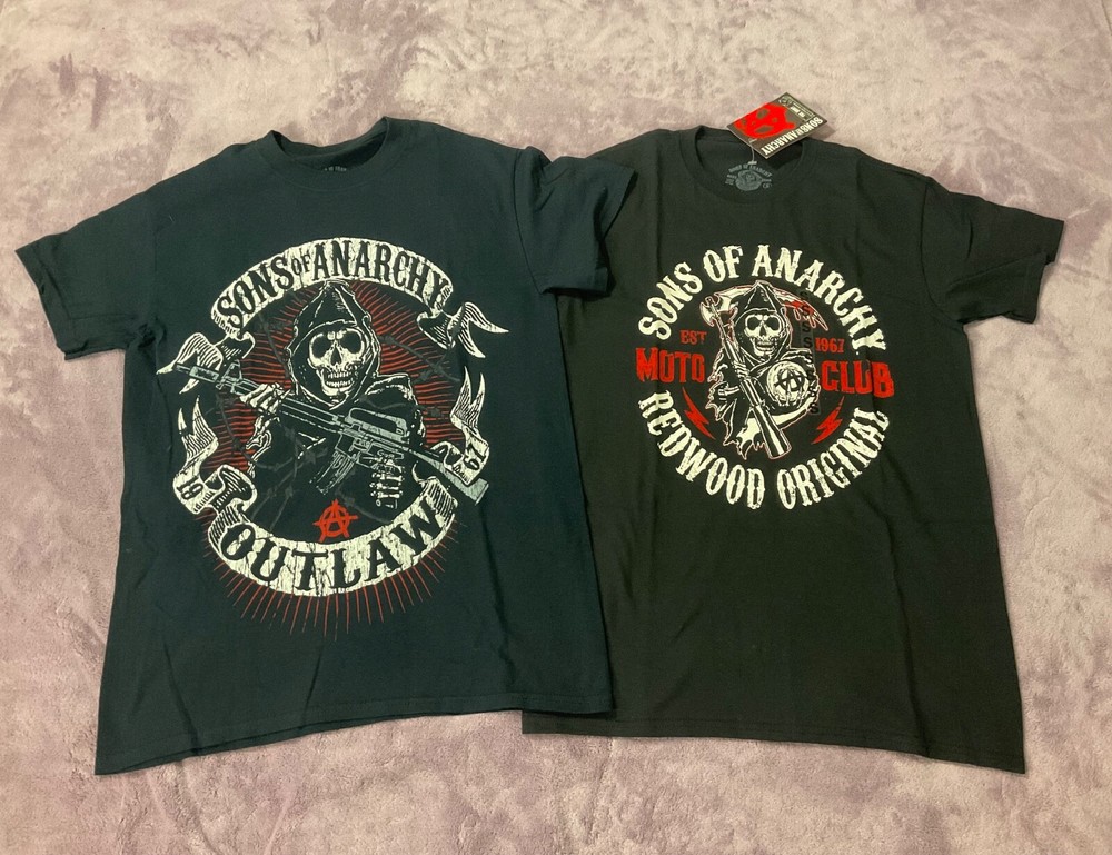 2 Sons Of Anarchy Shirts Redwood Original Moto Club OutLaw Black T Shirts Small