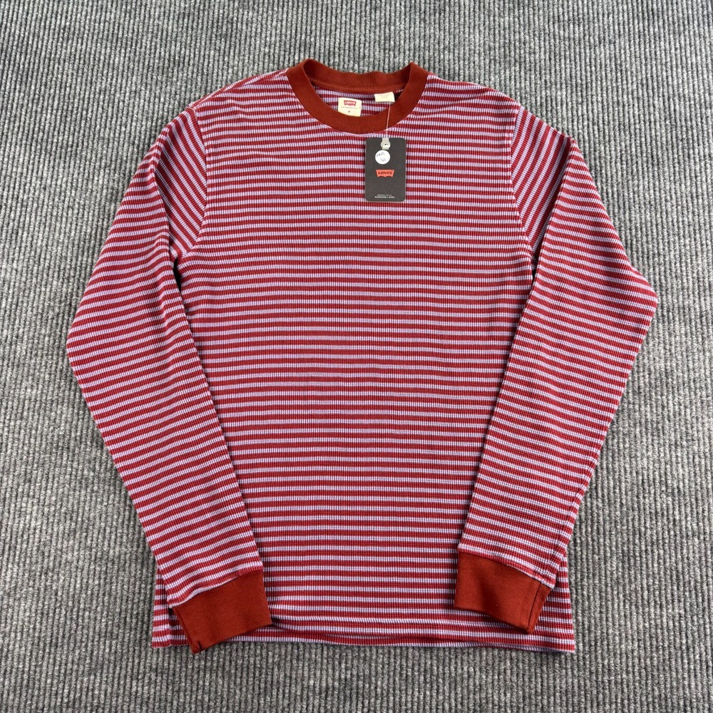 NWT Levi’s Thermal Shirt Men Medium Red Blue Striped Waffle Knit Crew Neck Long