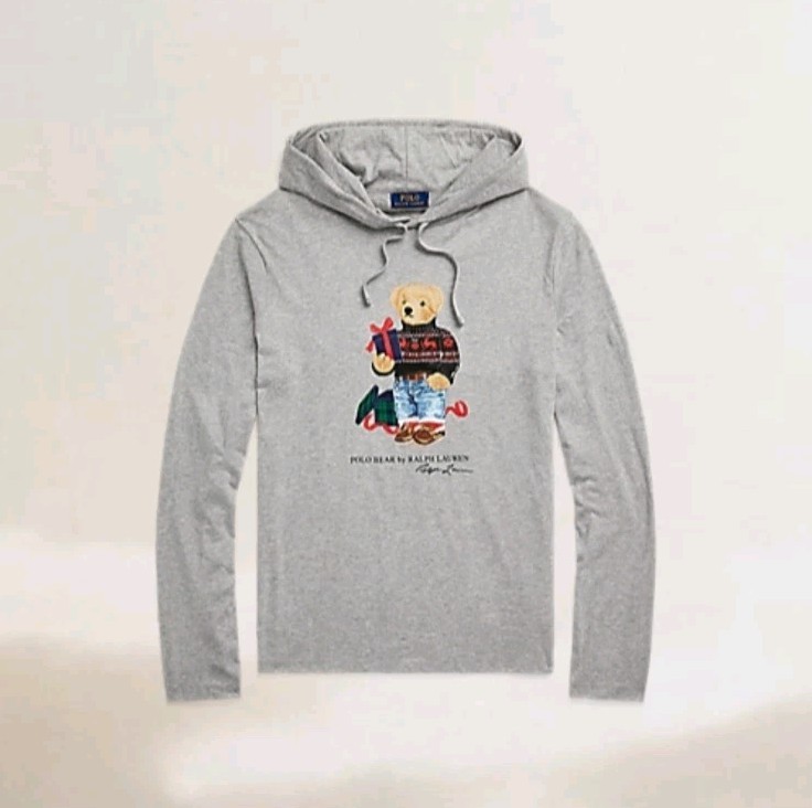 NWT Polo Ralph Lauren Mens Holiday Bear Long Sleeve Hooded Tshirt GREY XL