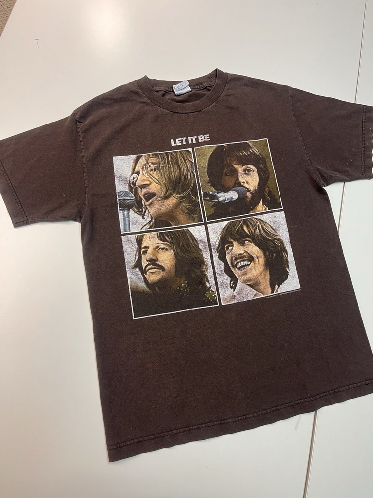 Vintage Beatles Let It Be T Shirt Mens Medium Brown Fade Rock Band Tee Y2K