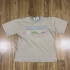 Vintage Hong Kong Shirt Mens XL Beige Embroidered Stamp Graphic Tourist Tee 90s