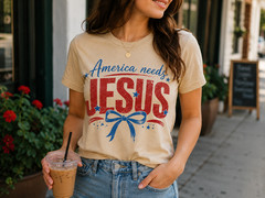 America Needs Jesus Shirt Patriotic Christian Faith Bow Tee Cream Women