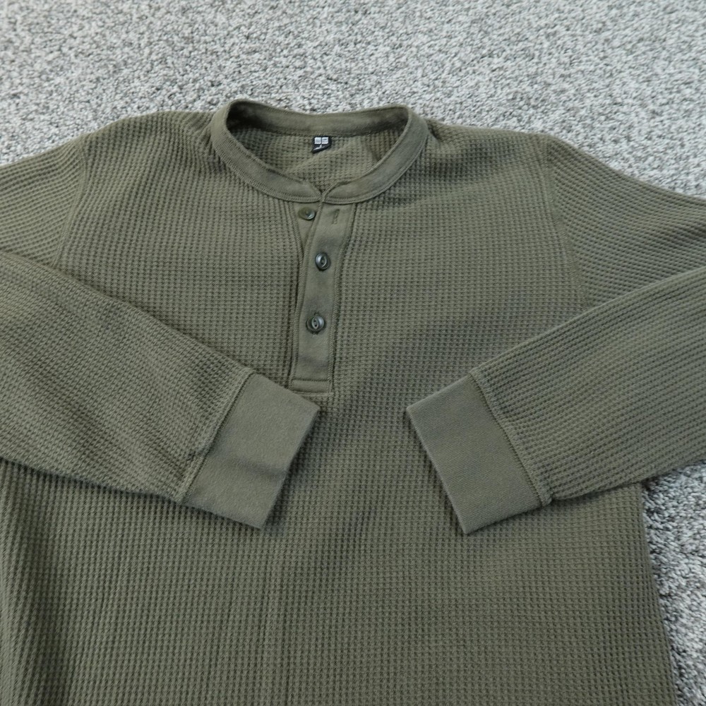 Uniqlo Shirt Mens L Green Waffle Knit Thermal Henley Long Sleeve Outdoor Casual