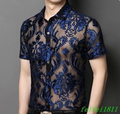 Chic Mens Hollow Out Floral Lace Shirts Short Sleeve Thin Lapel Tops Club Shirts