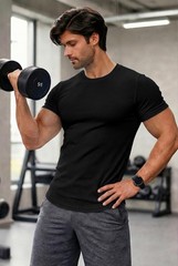 Mens Short Sleeve Black T Shirt Muscle Slim Fitted Summer Longline Stretch Te…