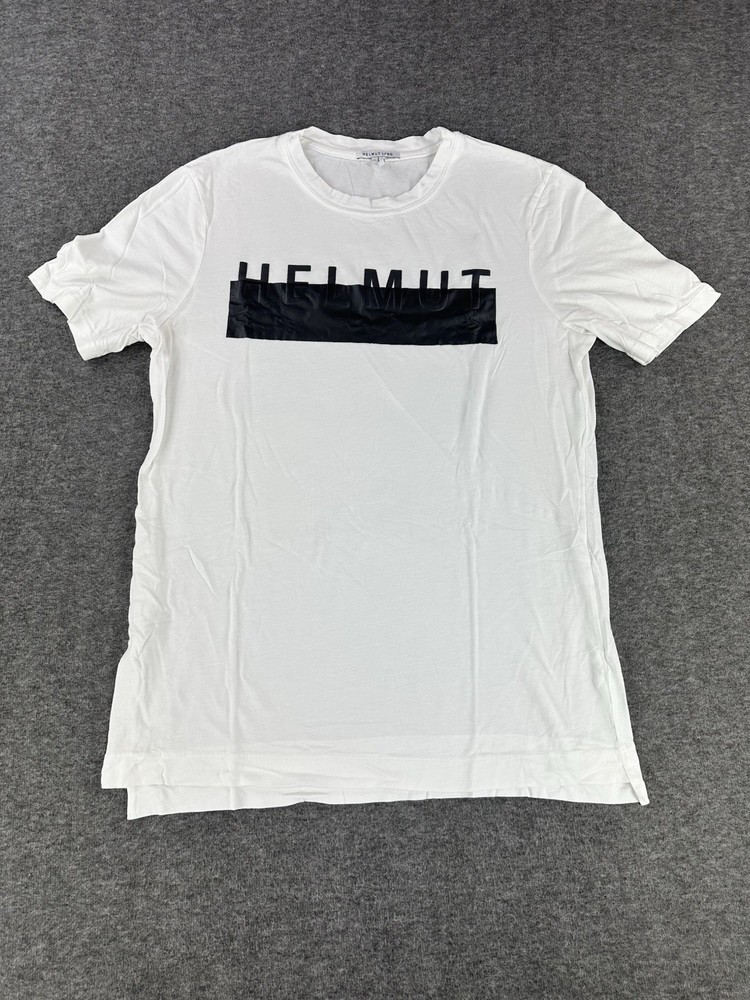Helmut Lang Mens T Shirt Large White Censor Logo Made in USA Crewneck Stretch