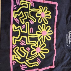 Keith Haring Dancing Flowers T-Shirt Mens XL Black Pink Yellow Pop Art 2 Sided