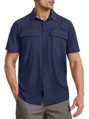 Mens Fishing Shirt Cool Hiking Button Up Quick Dry Short Sleeve UPF50+ Sun Shirt